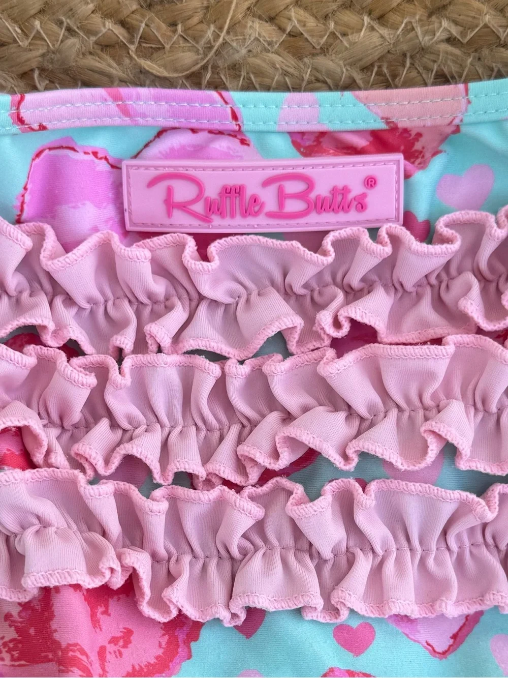Ruffle Butts Girls Aqua Pink Ruffle Heart Diaper Cover 3T